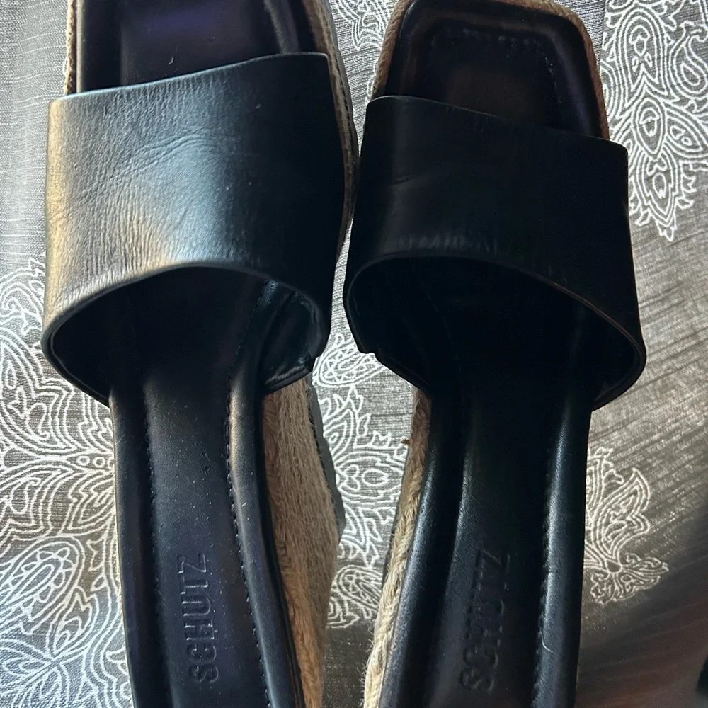 SCHUTZ Black and Tan Wedge Sandals